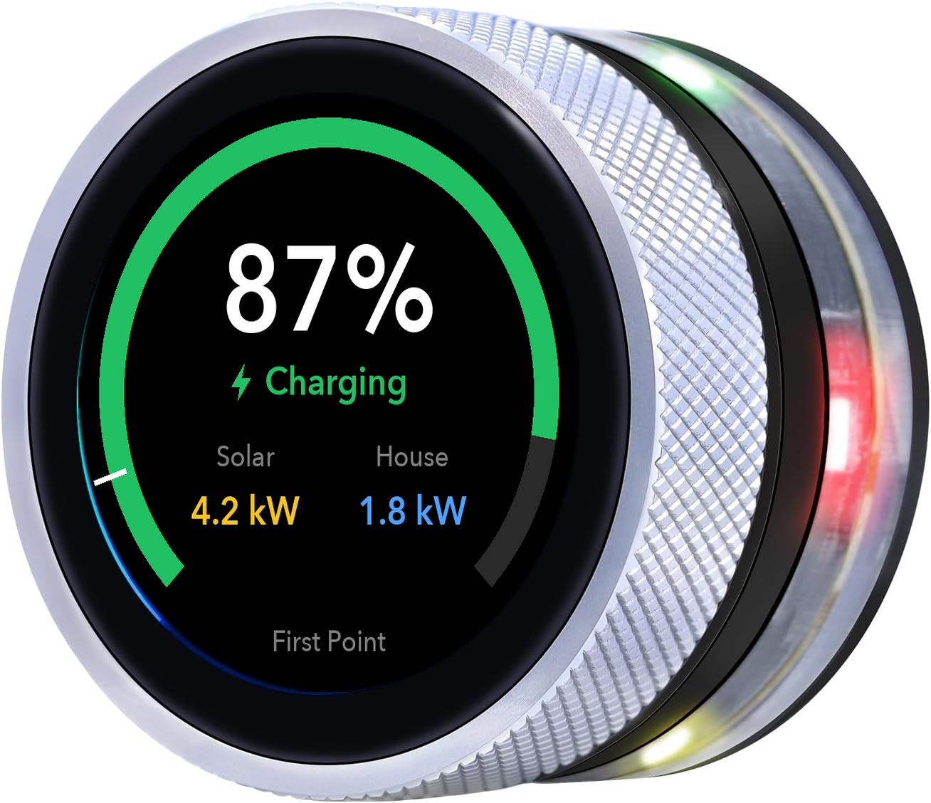 Ticker Knob — 1.28 inch round display with a turn knob, showing battery charge